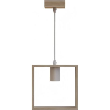 Suspension carrée bois clair, douille E27, style nordique naturel pour salon cuisine (1/3)