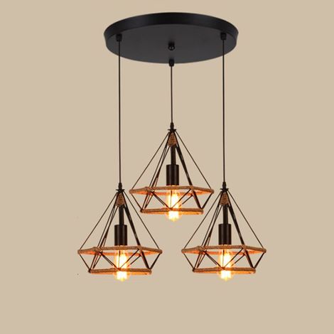Lámpara Colgante Vintage, Cuerda de Cáñamo Lámparas de Techo con Jaula de Diamante, E27 Iluminación para Dormitorio Salon Comedor - 3 Luz con Portalámparas Redondo (Negro) (1/5)