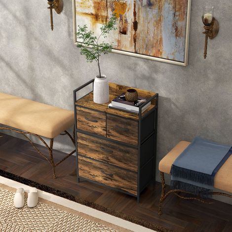Cassettiera in tessuto con 4 cassetti pieghevoli e struttura in acciaio, stile industriale per soggiorno, 60x29x85 cm, marrone rustico.