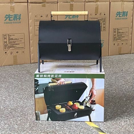 Barbecue à charbon de bois, fumoir, barbecue cylindrique portable et pliable pour camping, poignée en acier inoxydable, grille de barbecue, noir (1/4)