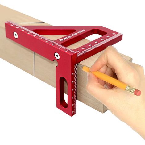 3D-Mehrwinkel-Messlineal 45/90 Grad, Winkelmesser für Holzbearbeitung, Winkelmesser mit Ausrichtungskorrekturdreieck, Lineal aus Aluminiumlegierung, hochpräzises Markierungs- und Messwerkzeug (Rot) (1/5)