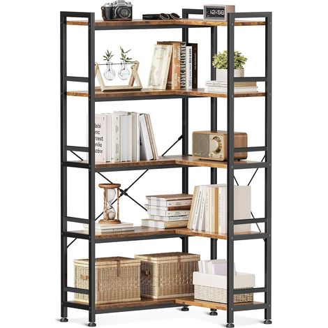 Bibliothèque Angle 5 Niveaux, Meuble Rangement, 145.5cm, Marron Montage Facile Étagères Ouvertes Anti-Basculement Autoportant Compact Polyvalent Salon Chambre Bureau Cuisine (1/5)