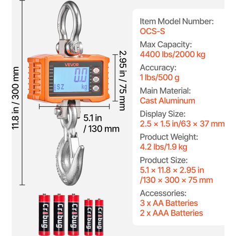 VEVOR Digital Crane Scale, 4400 lbs/2000 kg Max Capacity, Heavy Duty Industrial Hanging Scale with Cast Aluminum Case & LCD Display, 500 g Division & 3 Unit Switch, Remote Control for Garage Factory (1/4)