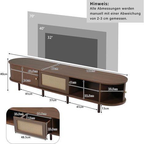 Support TV en bois noyer foncé, design rotin, 180 cm MDF, pieds réglables, charge 30 kg, meuble élégant pour salon (1/5)