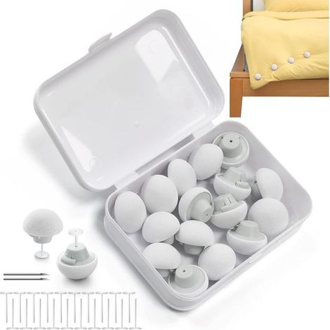 16 Anti-Slip Duvet Cover Clips – Mushroom Shape with Buttons, Storage Box Included (White, Pack of 16) (1/5)
