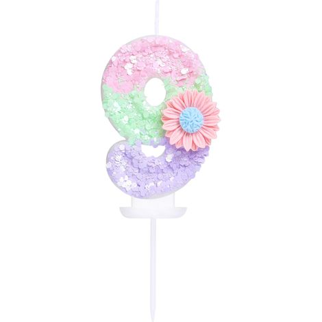 Bougie d'anniversaire en forme de chiffre 9 avec fleur, bonbons macarons pailletés, bougie d'anniversaire pour fille et femme, thème sucré, 9e anniversaire, mariage, décoration de gâteau (1/5)