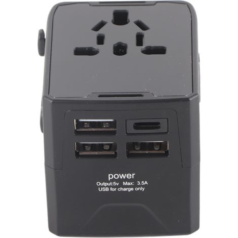 Adaptateur de voyage universel avec prise internationale, convertisseur de puissance multiprise 110-250 V, 3 ports USB et USB-C, noir (1/5)