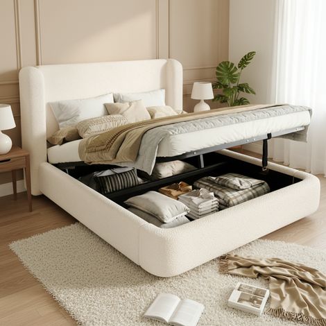 Lit lit double rangement 160x200 bouclé beige OKMYHOME