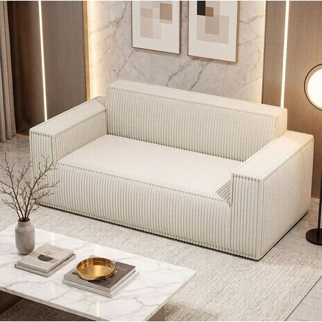 Divano 2 posti lineare in velluto a coste bianco, seduta profonda, design moderno senza gambe e senza montaggio per soggiorno (1/5)