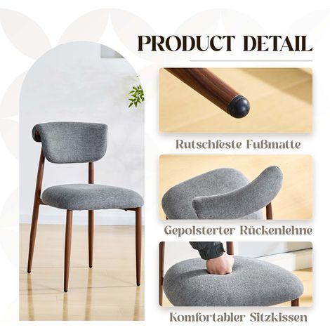 Ensemble de chaises de table à manger(2 pièces), chaise de cuisine rembourrée sans bracelets, chaise à manger avec dossiers courbés gain de place