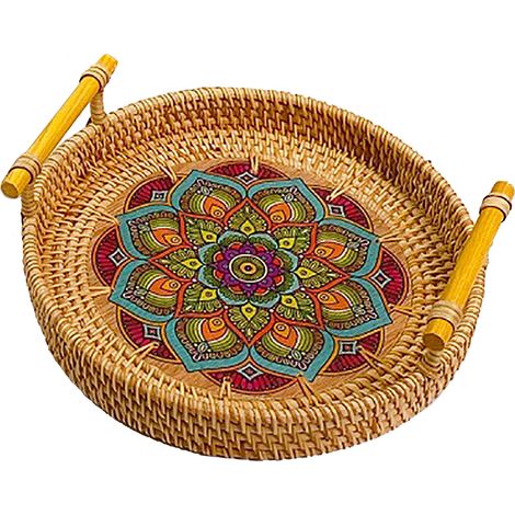 Plateau en rotin tissé à la main pour collations, bonbons, fruits, panier de service avec poignées pour table à manger, café, pique-nique en plein air, fleur bleue 24 cm (1/5)