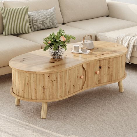 Table basse en forme de haricot avec effet rainuré, 2 portes coulissantes, table de salon effet bois, pieds en bois massif, matériau MDF