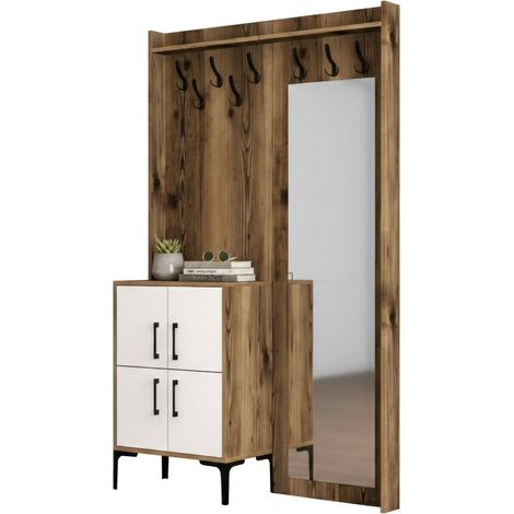 Dmora - Muebles de entrada Pollux, Entrada para perchas, Composición para atrio, Consola de almacenamiento multifunción, 120x35h200 cm, Nogal y Blanco, con embalaje reforzado