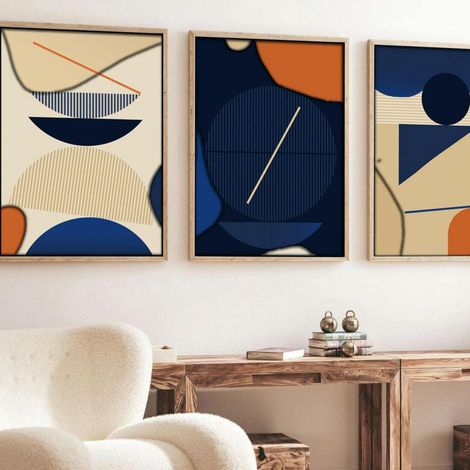 Tableau graphique bleus et orange – cadre bois (lot de 3) (1/3)