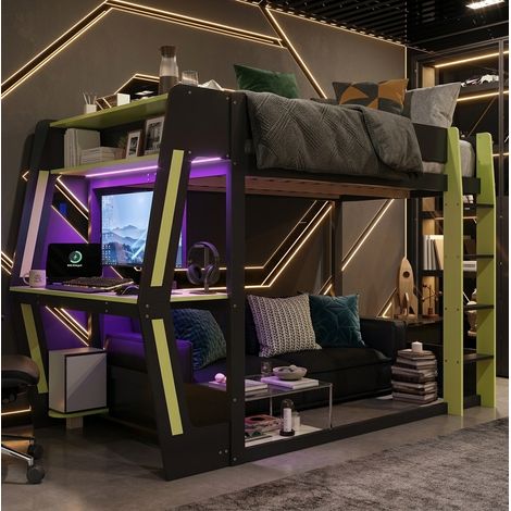 Lit mezzanine 120x200 cm avec bureau, support PC, rangements et LED, bois noir et vert pour chambre (1/5)