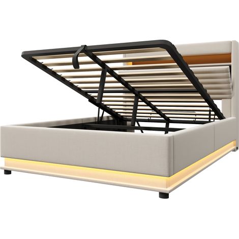 Cama con almacenamiento tapizada 140x200 cm con LED, USB Type-C y somier hidráulico HOMVRA (1/5)