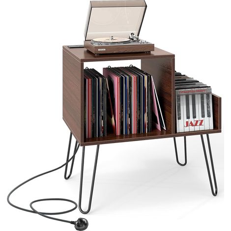 COSTWAY Support Tourne-Disque avec Prise, Meuble Tourne-Disque Vinyle pour 145 Albums, Station de Charge, 2 Ports USB, 4 Pieds Amovibles, 3 Séparateurs, Étagère sur Table(Noyer) (1/5)