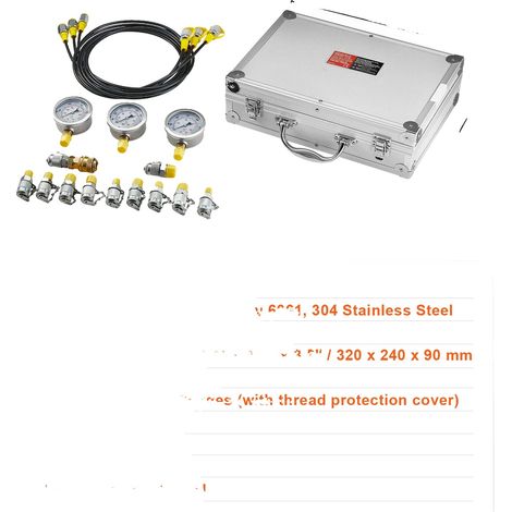 Kit per il test della pressione idraulica, manometri resistenti, raccordi completi, 3 teste, set da 11 pezzi (1/2)