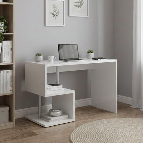 Bureau Linéaire, Table de bureau polyvalente, Bureau gain de place multi-positions, 100x50h78 cm, Blanc brillant (1/5)