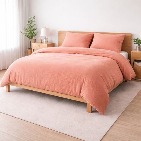 Parure de lit 260 x 240 cm Sienna Rose saumon + 2 taies 63x63 cm – Double face gaze de coton & coton 57 fils