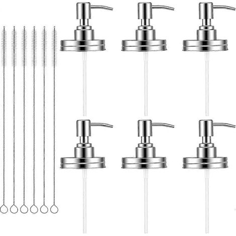 Lot de 6 couvercles de distributeur de savon MasonJar avec pompes et 6 goupillons. Couvercle de pompe étanche pour bocal MasonJar à ouverture standard de 473 ml (16 oz). (1/5)