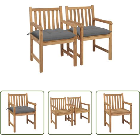 Chaise de jardin teck - Chaises de jardin lot de 2 et coussins gris Bois de teck massif (1/5)
