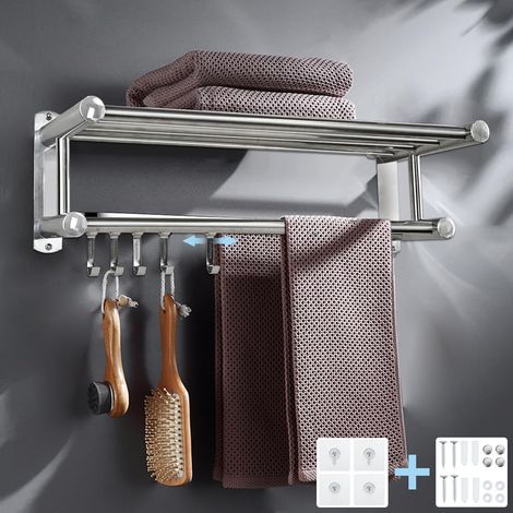 Porte-serviettes acier inoxydable pour salle de bain, 5 crochets mural, amovibles SUS 304, double barre porte-serviettes (50 cm) (1/5)