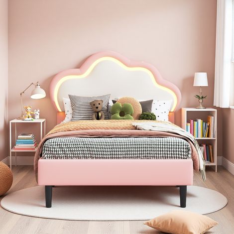 Kinderbett 90200 cm, Einzelbett für Kinder, Verstellbares Kopfteil mit LED, Wolkenförmiges Kopfteil, Mädchenbett, Prinzessinnenbett, Leder, rosa