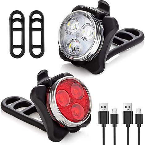 Lumières de vélo à LED, feux de vélo avant et arrière rechargeables, 4 modes de luminosité, éclairage USB résistant aux chocs, étanche, VTT, VTT, chariot de camping (blanc, rouge), (1/5)