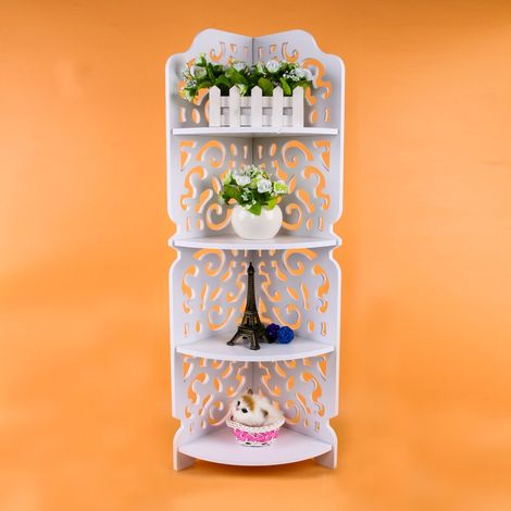 Étagère d'angle blanche creuse sculptée à 4 niveaux, bibliothèque, présentoir pour produits cosmétiques, étagère de salle de bain (1/5)