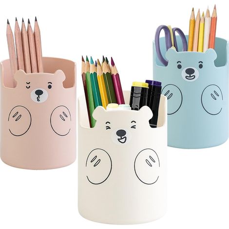 Pot a crayon, 3 pièces Porte-stylo Multifonction, pot a crayon bureau, Convient au bureau, à la maison, à l'école (Rose, Blanc, Bleu) (1/5)