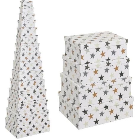Boîte de rangement - JUANIO - Lot de 15 - Empilables - Carton-tissu blanc - Imprimé étoiles (1/4)
