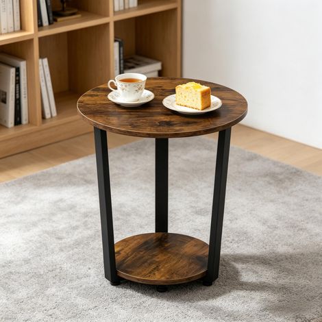 Table d'appoint - Ø50x53 cm - Bout de canapé fixe rond 2 niveaux avec étagère de rangement métal - Marron rustique (1/5)