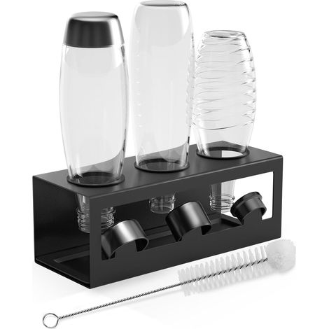 Porte-Bouteilles pour SodaStream Crystal Emil Bouteilles, Support Bouteille, Égouttoir Bouteille pour 3 Bouteilles, avec Anneaux de Protection en Silicone, Égouttoir et Porte-Couvercle, Noir (1/5)