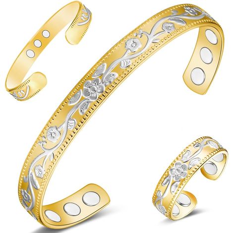 Bracelets magnétiques en cuivre pour femmes et hommes, aimants ultra-puissants, cuivre pur à 99,99 %, thérapie par champ magnétique (fleurs or et argent) (1/5)