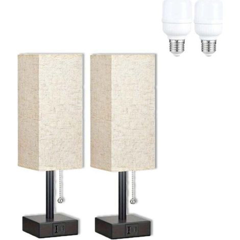Set aus 2 berührungsempfindlichen Nachttischlampen mit USB-A- und USB-C-Anschlüssen, dimmbar, weiße Leinenschirme für Schlafzimmer, Wohnzimmer und Büro