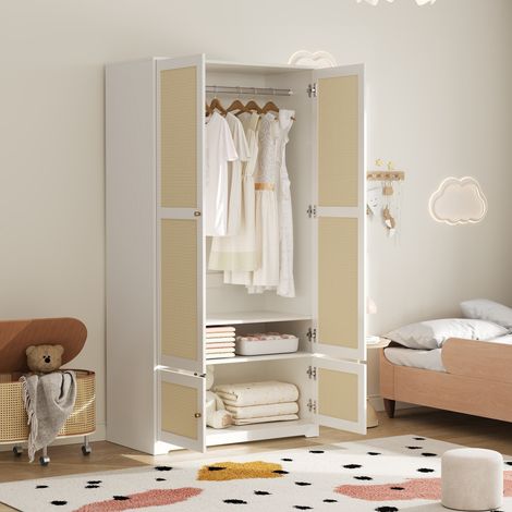REDOM Armoire 90x48x180 cm, 2 portes en rotin, avec penderie et étagères fixes, MDF blanc