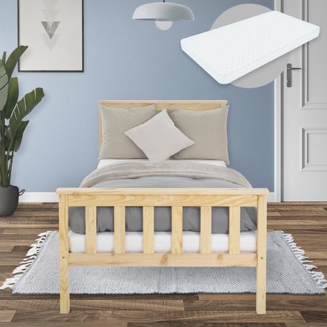 ML-Design Estructura De Cama De Madera Maciza De Pino Natural 90 x 200 cm Con Colchón De Espuma Fría Oeko-Tex 100 Somier Armazón De Listones Cabecero Y Piecero Cama Para Niños Adolescentes Adultos (1/5)