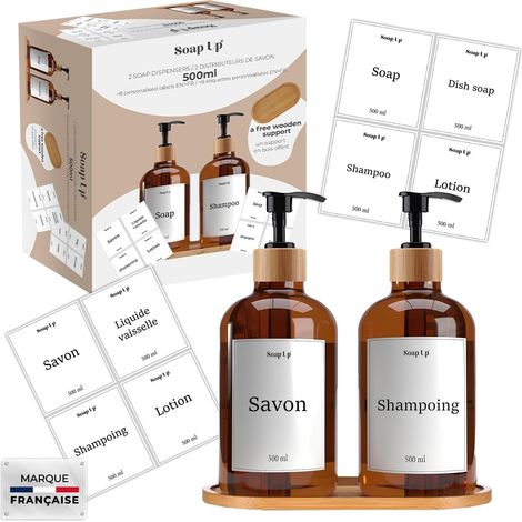 2 Distributeur de savon - Support bambou - Entonnoir silicone - Pour cuisine et salle de bain - Marron - 7,4x19cm (1/5)