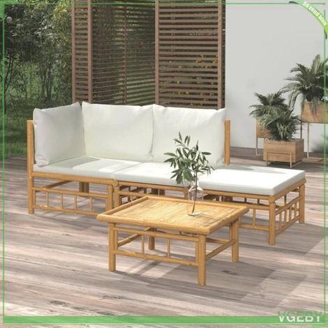 Salon de jardin 4 pièces - FAFEICY - 3155176 - Bambou finition huile naturelle - Coussins blanc crème - Modulaire (1/5)