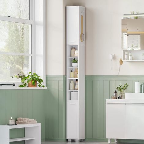 Colonne de salle de bain étroite 20x20x200 cm – 2 portes – 5 étagères réglables – Rangement optimisé pour petits espaces