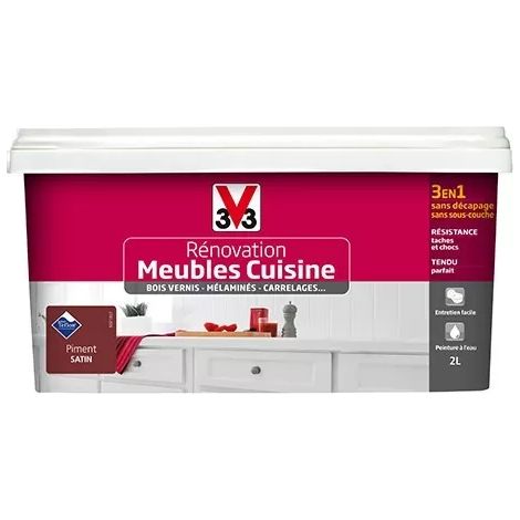 V33 Rénovation Meubles Cuisine (Bois vernis-Mélaminés-Stratifiés) Satin Piment 2 L