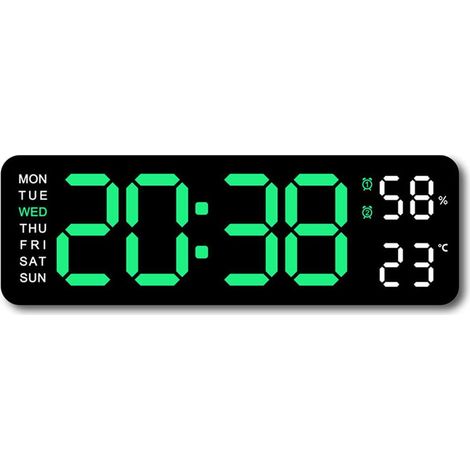 Horloge Murale Numérique Avec Affichage LED - Heure Date Semaine Température - Réglage Luminosité Automatique - Alerte Multiple - Alimentation USB - 22,8 x 3,5 x 7,5 cm - 1 Pièce