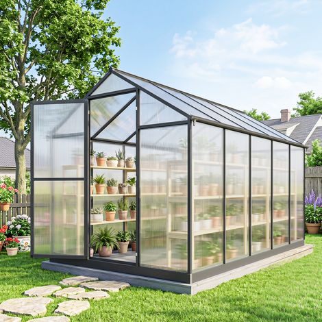 Serre de jardin aluminium polycarbonate transparente, fenêtres réglables supérieures, 303x183x195cm (1/5)