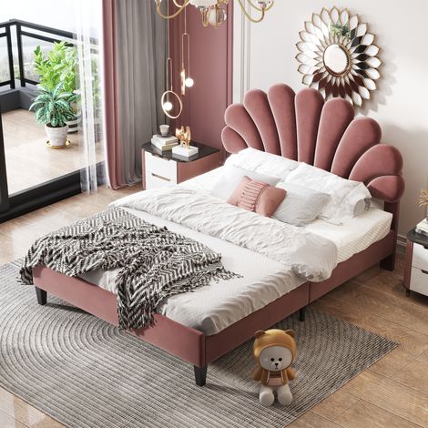 Cama Doble 140x200 cm Cabecero Floral Terciopelo Hipoalergénico Granate (Sin Colchón) (1/5)