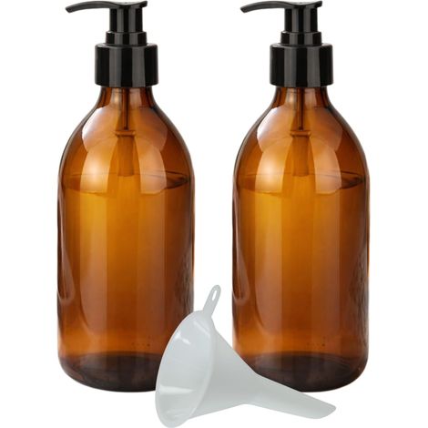 Lot de 2 distributeurs de Savon, en Verre, Marron, 250 ML, Rechargeables, sans BPA, pour Savon, désinfectant, Liquide Vaisselle, shampoing, avec Entonnoir (1/5)