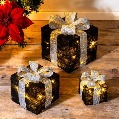 LED Geschenkboxen mit Timer 3er Set - schwarz - Weihnachts Deko Boxen warm weiß beleuchtet - Weihnachten Advent Winter Christbaum Deko Beleuchtung Batterie betrieben