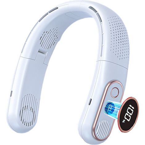 (Blanc) Nouveau ventilateur pliable sans pales à porter autour du cou (2023) – Rechargeable par USB, affichage numérique, silencieux, mini ventilateur portable (1/2)