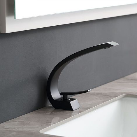 Distribain – Robinet mitigeur lavabo noir mat en laiton massif – Bec haut ergonomique – Disques en céramique pour durabilité – Dimensions 213x48x200mm (1/5)