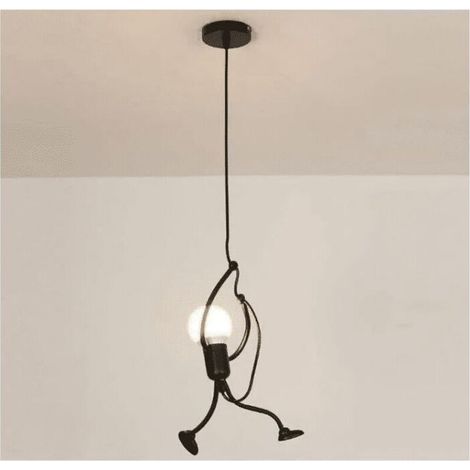 Modern Creative Iron Pendant Light with Cartoon People Design Hanging Lamp for Children's Bedroom, Bedside, Living Room, Attic, Black--
